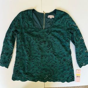 Nanette Lepore NWT green lace 3/4 length sleeve blouse. Size medium